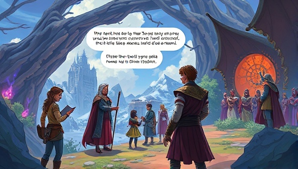 An artistic illustration of a player interacting with various characters and making pivotal decisions in a visually stunning fantasy world, showcasing the immersive and choice-driven storytelling experience offered by StoryQuest.