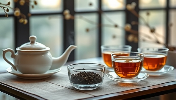 A tranquil and ethereal tea tasting setting with elegant tea sets, aromatic tea leaves, and serene decor elements, evoking a sense of mindfulness and relaxation in a sophisticated and inviting tea sanctuary.