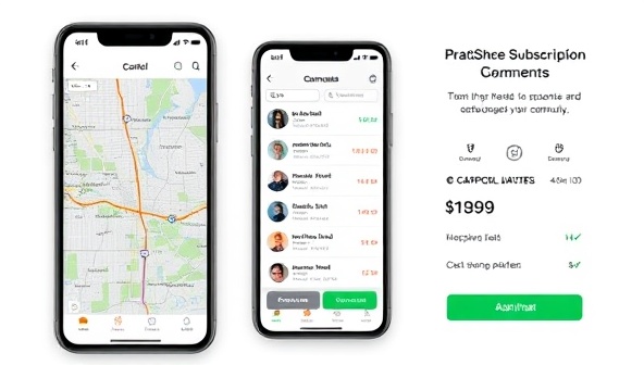 An engaging app interface displaying a map with carpool routes, profiles of potential carpool partners, and a cost-sharing calculator, showcasing the simplicity and efficiency of the CommuteShare Subscription platform for commuters.