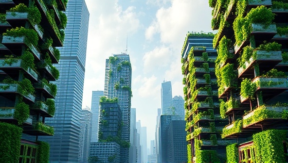 An impressive urban skyline with skyscrapers adorned with lush green vertical gardens, showcasing a futuristic and sustainable approach to agriculture in cities.