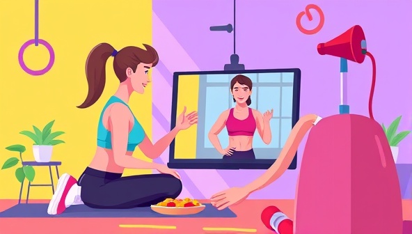 A vibrant and energetic digital illustration of a virtual fitness trainer guiding a client through a workout session via a video call, with workout equipment and healthy snacks in the background, conveying motivation and health-consciousness.