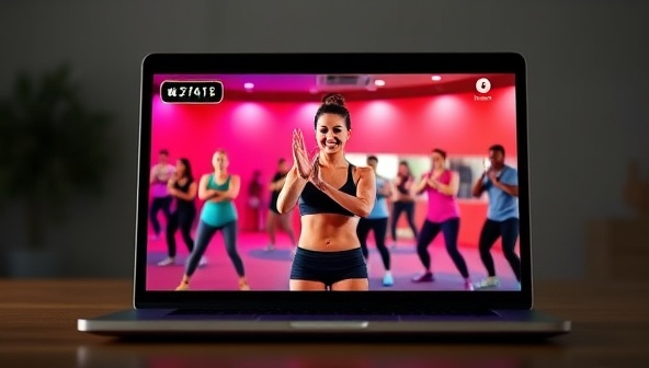 A vibrant and energetic virtual workout session displayed on a laptop screen, showing an instructor leading a group class with participants following along enthusiastically, showcasing the platform's interactive and engaging fitness sessions.