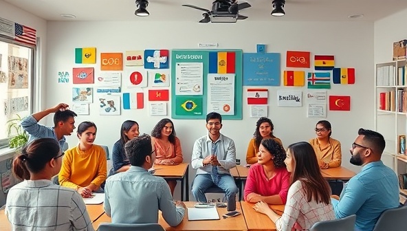A dynamic virtual language classroom scene with diverse avatars interacting in different languages, engaging in language exercises, cultural discussions, and virtual trips, fostering a vibrant and inclusive language learning community.