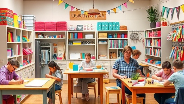 A vibrant and colorful crafting studio setup featuring Craftopia Creations' shelves stocked with an array of crafting supplies, workstations equipped with tools and materials for various crafts, a cozy demonstration area for workshops, and crafters of all ages engaged in creative projects, fostering a lively and inspiring atmosphere of handmade artistry and community connection.