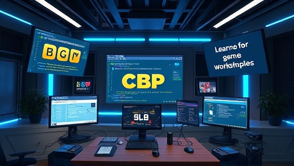 An educational visual of a virtual workshop environment, with screens displaying coding tutorials, game design concepts, and interactive tools for participants to engage with, creating a dynamic and immersive learning experience for aspiring game developers.