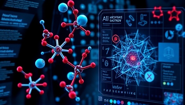 An immersive visualization of the AI-powered drug discovery platform interface, showcasing molecular structures, virtual screening results, and AI-generated drug candidates with interactive features for molecular modeling and predictive analytics, symbolizing the future of pharmaceutical research and innovation.