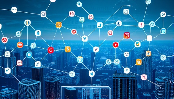 An artistic depiction of a digital landscape with interconnected social media icons and personal branding elements, symbolizing the interconnected nature of online personal branding.