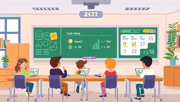 An animated classroom setting within a website interface, featuring interactive elements like quizzes, puzzles, and progress bars, with students engaged in learning activities, highlighting the fun and educational aspects of gamified website design for education.