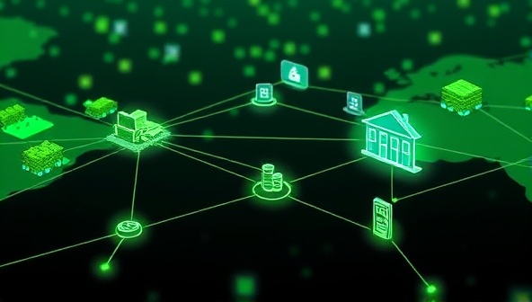 A sleek and futuristic visualization of a blockchain traceability network connecting farms, transportation routes, and retail outlets with transparent data blocks, showcasing the seamless tracking and verification of agricultural products through AgriChain Trace's innovative blockchain platform.