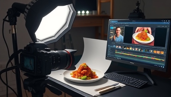 A beautifully styled food photography setup with professional lighting equipment, a camera capturing a mouth-watering dish, and editing tools displayed on a computer screen, illustrating the art and craft of food photography.