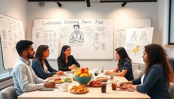 A virtual meeting space with diverse food entrepreneurs discussing ideas, sketching on whiteboards, and sharing culinary samples, symbolizing collaboration, creativity, and entrepreneurial spirit in the food industry.