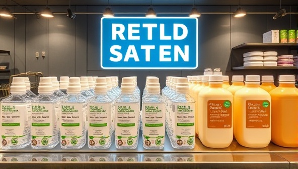 A modern and sleek refill station setup with rows of refillable containers neatly displayed, eco-friendly packaging materials, and a prominent 