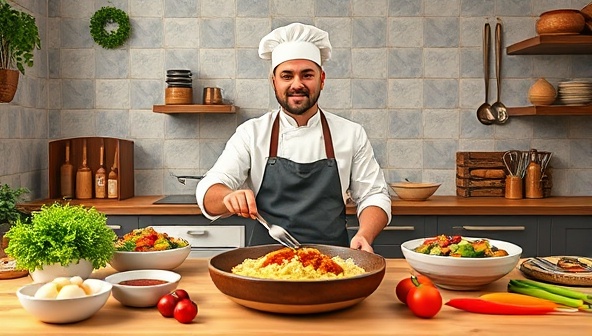 An enticing virtual cooking class setup with a top chef guiding participants through a live cooking session of a signature dish from a foreign cuisine, surrounded by fresh ingredients, kitchen utensils, and cultural decorations, illustrating the immersive and interactive culinary experience offered by Global Gastronomy.