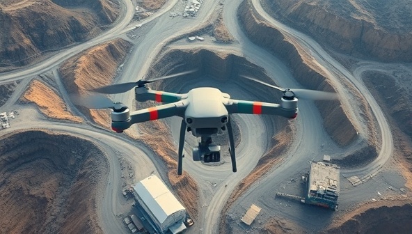 An aerial view captured by a drone showing a mining site with detailed topographic mapping and infrastructure analysis, demonstrating the precision and utility of drone surveying services in the mining industry.