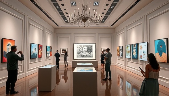 An elegant virtual art gallery setting with digital art installations, interactive touchscreens showcasing artwork details, and visitors exploring the space from their devices, evoking a sense of sophistication and creativity in the digital art world.