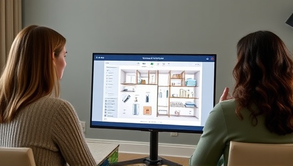 A virtual consultation setup showing a professional organizer guiding a client through a digital decluttering session, with a virtual floor plan layout and storage solutions displayed on the screen, highlighting the convenience and expertise of the service.