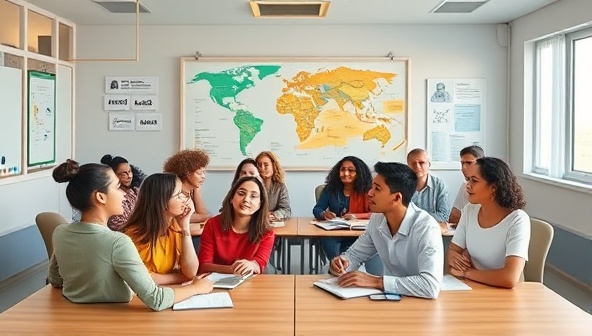 An interactive virtual classroom setting with diverse avatars representing language learners engaging in conversations, language exercises, and cultural activities, creating a dynamic and inclusive learning environment within the platform.