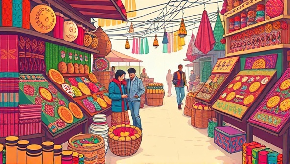 An engaging digital illustration showcasing a vibrant marketplace scene with diverse artisan products on display, featuring colorful handmade items, intricate crafts, and happy customers browsing through the offerings, capturing the essence of ArtisanHub's platform.