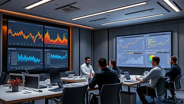 An image of a sleek office environment with screens displaying real-time data visualizations, analysts working on mining-specific algorithms, and a presentation of analytics results to a group of mining executives, illustrating the cutting-edge insights provided by MineInsight Analytics.