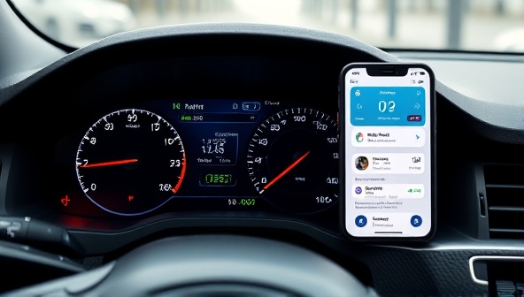 An interface mockup showing a car dashboard displaying real-time maintenance alerts and diagnostic data, with a user-friendly app design for subscribers to access their vehicle's health status remotely, emphasizing convenience and peace of mind.