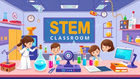 An imaginative illustration of a virtual STEM classroom with animated characters, colorful science experiments, and digital gadgets, creating a playful and educational environment for kids learning STEM subjects.