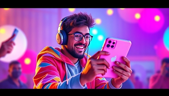 An artistic rendering of a virtual influencer character interacting with a real-world product in a vibrant and engaging social media post, capturing the essence of digital influence and creativity.
