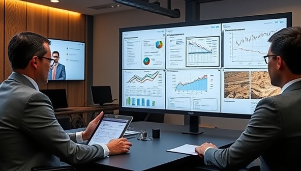 A virtual consultancy setting featuring a professional advisor conducting a virtual meeting with a client, with charts, graphs, and mining project plans displayed on screen, illustrating the value of expert guidance and strategic support provided by MineConsult Virtual Advisors.