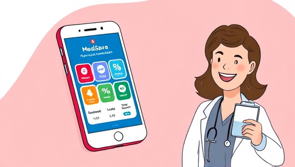 An engaging digital illustration showing a smartphone displaying the MediSave app interface with vibrant discount icons, a search bar for medication comparisons, and a smiling user saving money on prescription purchases, conveying value and savings in healthcare spending.