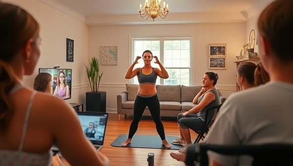 An energetic fitness instructor leading a live streaming workout session, with participants following along from their homes and interacting virtually, capturing the sense of community and active engagement within the FitFlow Live network.