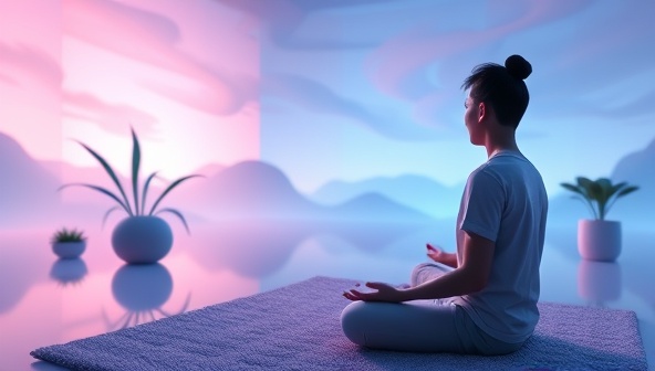 A serene and calming virtual environment where a gamer engages in a guided meditation session, surrounded by soothing visuals and peaceful music, creating a mindful and relaxing space within the gaming world, promoting mental wellness and self-care.