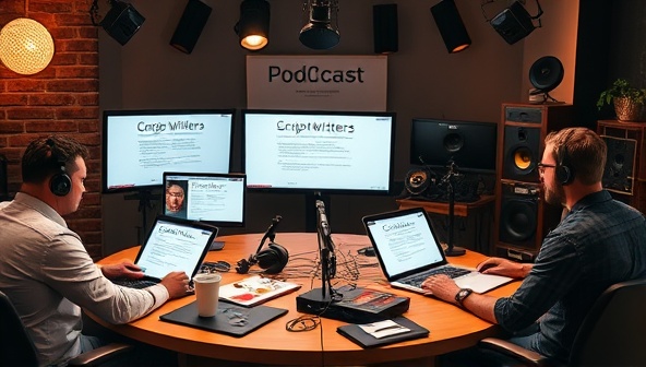 An engaging visual of a podcasting studio setup with scriptwriters brainstorming ideas, drafting scripts on digital screens, and collaborating with podcast hosts, showcasing the creative process and expertise behind crafting compelling podcast content.