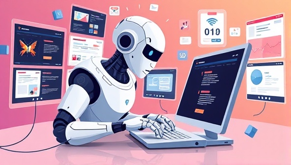 An illustration of a futuristic AI robot typing on a computer keyboard, surrounded by digital screens displaying various content formats, highlighting the efficiency and innovation of the AI-powered content generation tool.