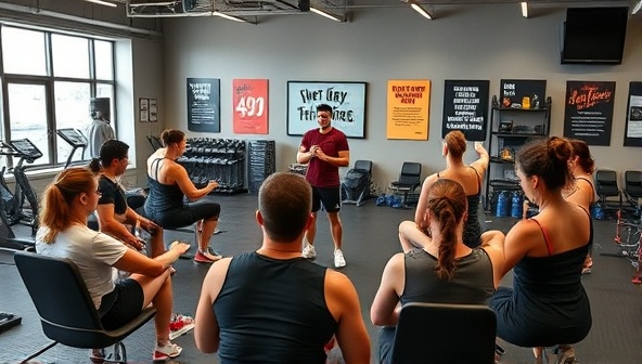 An engaging visual representation of a virtual fitness workshop in progress, with a diverse group of participants following along with an expert trainer demonstrating techniques, surrounded by fitness equipment and motivational posters, creating a dynamic and educational atmosphere.