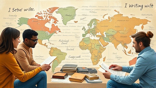 An artistic visualization of writers from different backgrounds and locations virtually collaborating on a story, each contributing their unique writing style and ideas to a shared narrative canvas, symbolizing creativity, diversity, and storytelling unity.