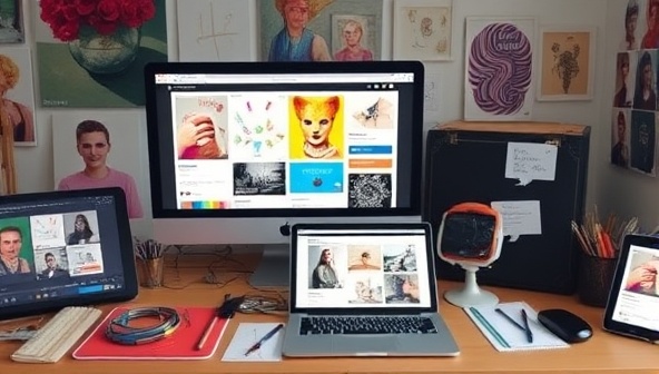 An artist's studio setup with digital devices displaying creative portfolios, colorful mood boards, and social media profiles, surrounded by art supplies and inspirational artwork, capturing the essence of personal branding and creativity in the digital age.