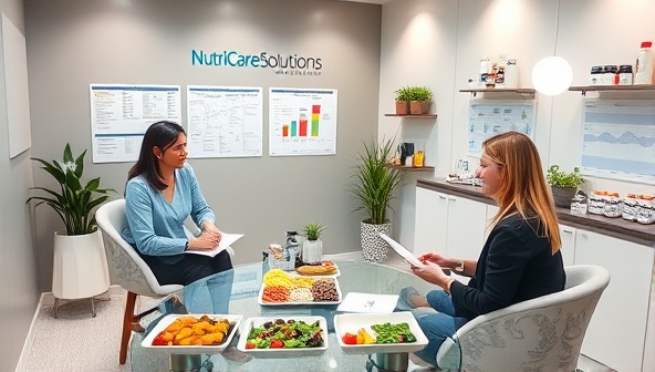 A modern and sleek consultation room with a nutritionist discussing dietary plans with a client, surrounded by charts, meal samples, and nutritional supplements, showcasing the personalized and professional approach of NutriCare Solutions in enhancing individual health and wellness.