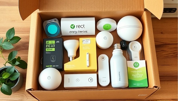 An enticing subscription box visual featuring a variety of energy-efficient smart home devices neatly arranged in a stylish package, with eco-friendly branding and a tagline highlighting the benefits of each device for a sustainable lifestyle.