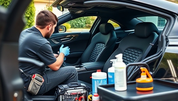 An image of a professional detailer meticulously cleaning the interior of a luxury car at a customer's driveway, surrounded by mobile detailing equipment and products, showcasing convenience and high-quality service.