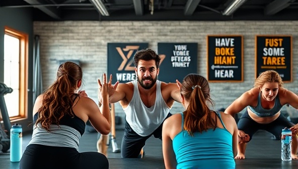 An energetic and dynamic virtual workout session scene featuring a fitness coach leading a group of diverse participants through a high-intensity training session via video call, with workout equipment, water bottles, and motivational posters in the background, conveying the energy and motivation of remote fitness coaching.