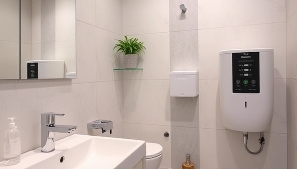 An image of a modern bathroom with water-saving fixtures and a PureCycle Solutions water recycling system installed, showcasing sustainable water usage and environmental consciousness in everyday living.