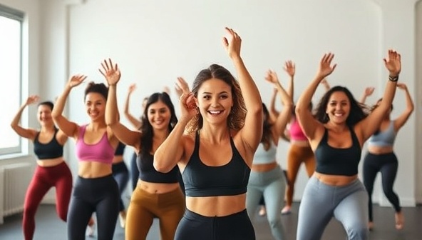 An energetic and diverse group of individuals participating in a virtual workout class led by a dynamic instructor, showcasing the engaging and inclusive workout experience offered by the fitness boutique.