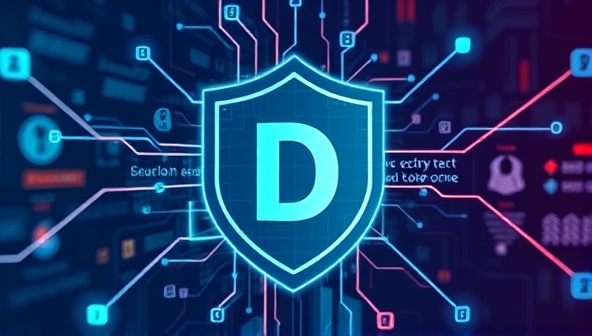 An innovative visualization of digital design assets being securely encrypted and verified through blockchain technology, with interconnected blockchain blocks forming a shield around the design elements, symbolizing the protection and authenticity provided by SecureDesign Verify.