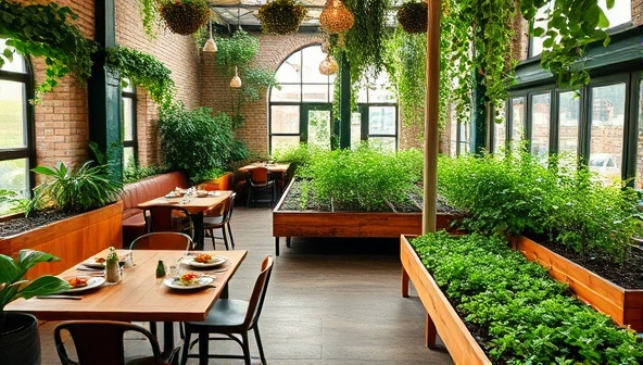 A cozy bistro interior adorned with lush greenery, wooden tables set with farm-fresh dishes, and a backdrop of thriving urban farm beds, creating a harmonious blend of nature, sustainability, and culinary excellence.