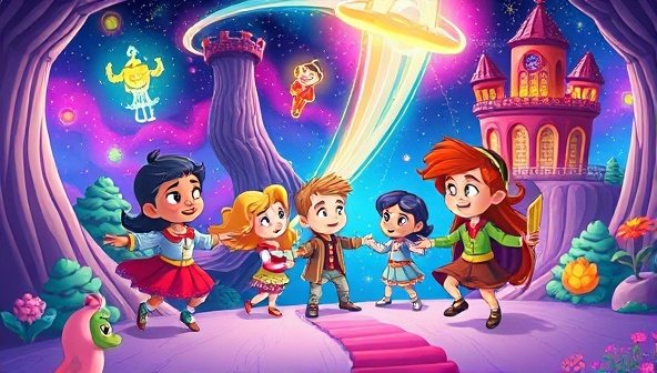 An animated illustration of colorful cartoon characters embarking on a magical storytelling adventure through a vibrant fantasy world, highlighting the interactive and imaginative nature of the writing game app for kids.