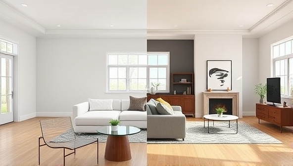A split-screen image showing a client's bare room on one side and a digitally enhanced design proposal on the other, highlighting the transformation potential of virtual interior design consultations.