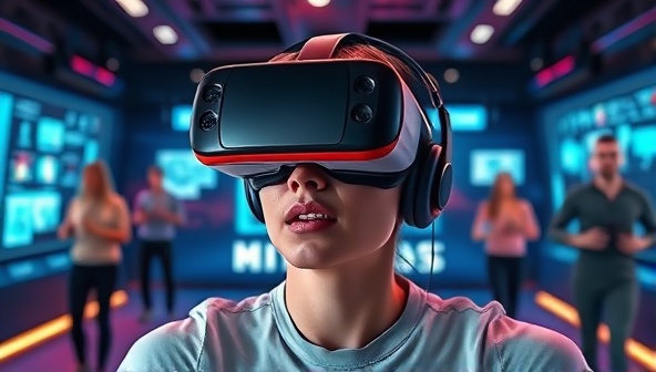 An exciting VR headset image showcasing a user immersed in a virtual fitness environment, surrounded by digital trainers and interactive fitness challenges, conveying the exhilarating and futuristic aspects of the VRFit Experience platform.