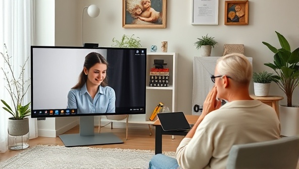An online therapy session scene with a therapist providing compassionate guidance to a client, both visible on screens, surrounded by peaceful decor and calming elements, reflecting the supportive and professional atmosphere of MindMeld Therapy.