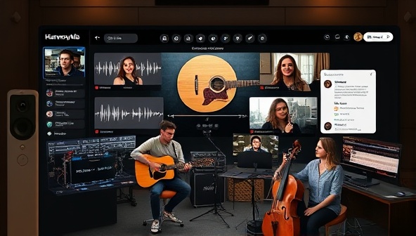 An online music studio interface displaying a group of musicians from different parts of the world collaborating on a music project, sharing audio tracks, adding virtual instruments, and communicating through text and video chat, highlighting the creative and collaborative essence of HarmonyHub Connect.