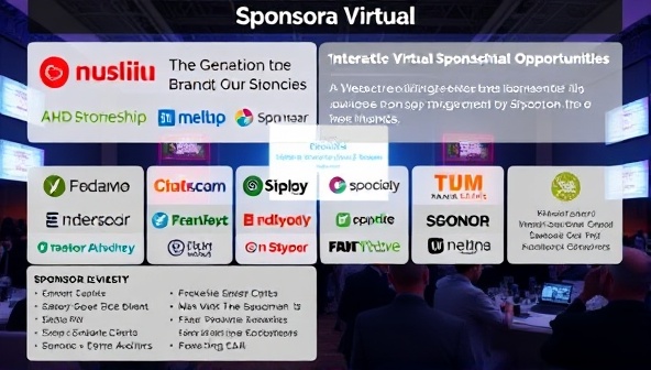 An engaging digital graphic showcasing a virtual event scene with prominent sponsor logos, interactive branding opportunities, and audience engagement features, illustrating the diverse sponsorship possibilities and engagement levels available on the Sponsora Virtual platform.
