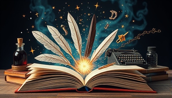 An artistic representation of a magical book opening to reveal a burst of creative writing elements, such as quills, ink bottles, typewriters, and literary symbols, evoking a sense of inspiration and storytelling magic.